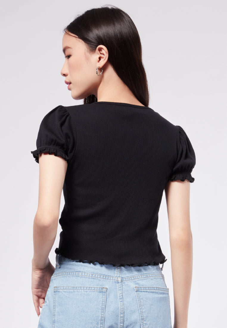 Puff Sleeve V-Neck Rib Top