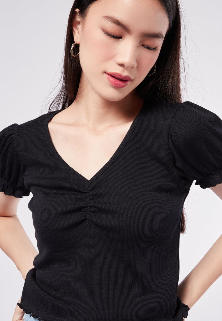 Puff Sleeve V-Neck Rib Top
