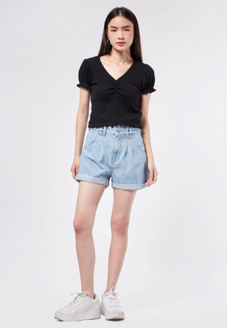 Puff Sleeve V-Neck Rib Top