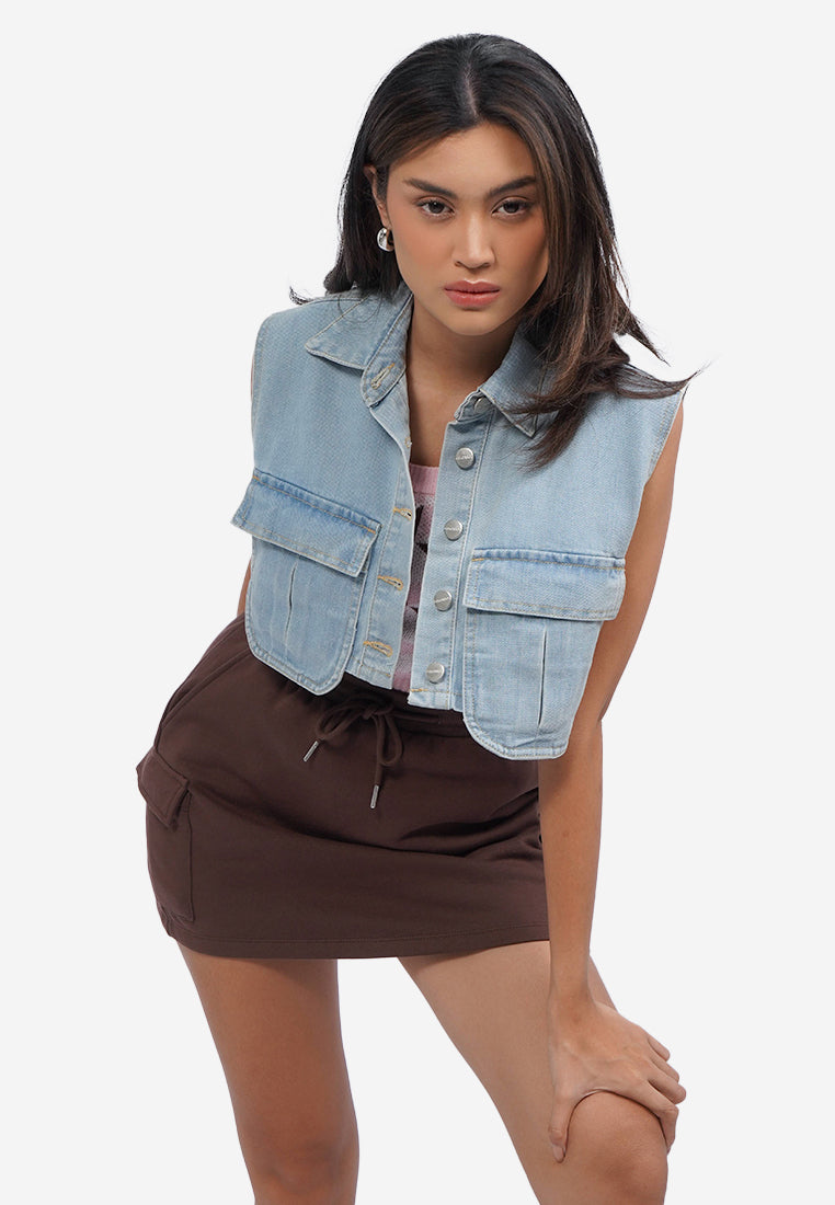 Double Pocket Crop Denim Vest