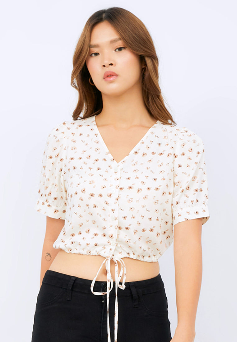Printed V-neck Crop Blouse