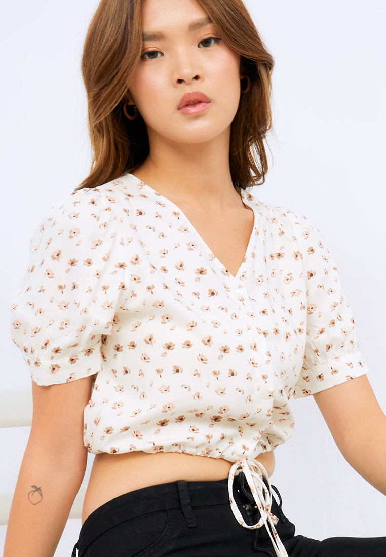 Printed V-neck Crop Blouse