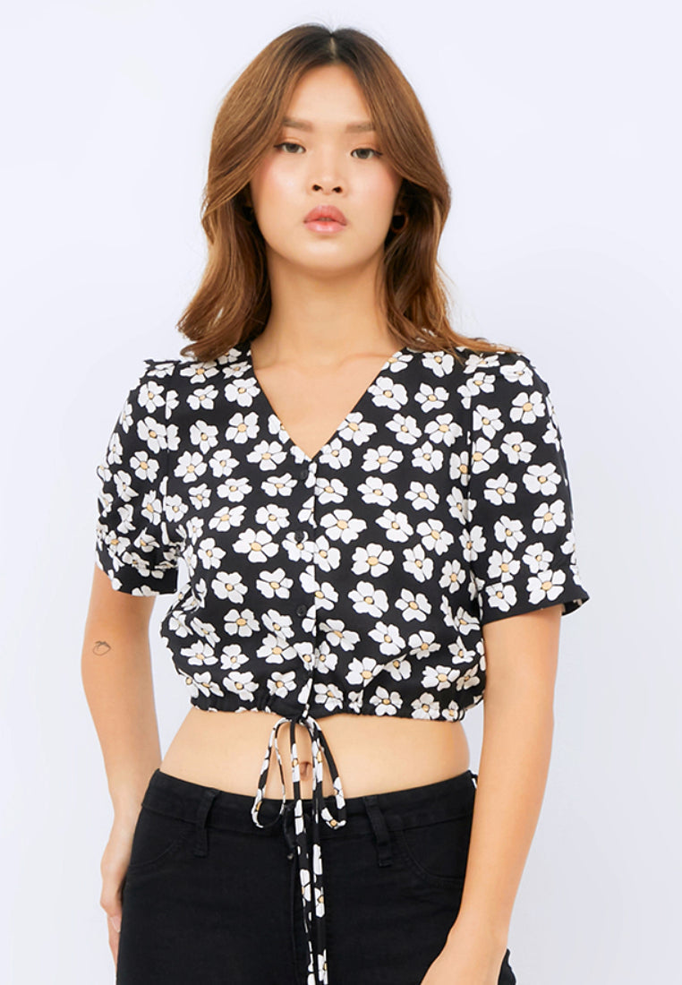 Printed V-neck Crop Blouse