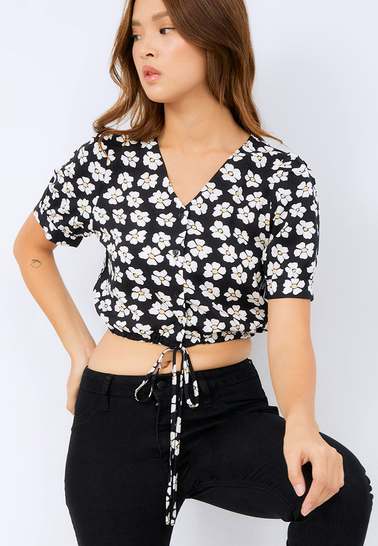 Printed V-neck Crop Blouse