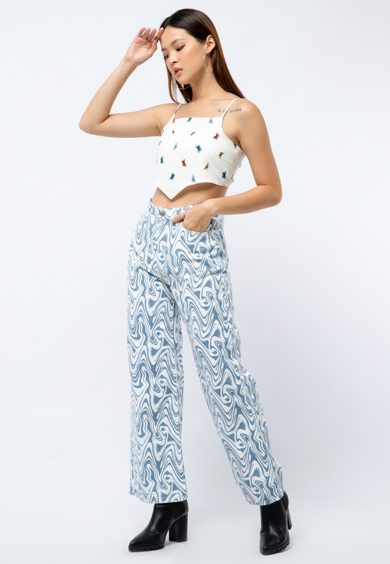 Wide Leg Printed Denim Pants