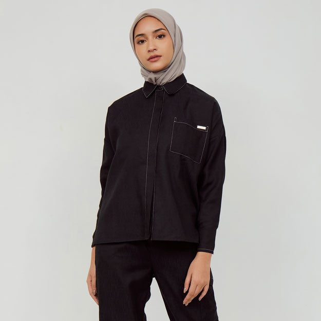 Ikigai Contrast Stitching Shirt Black