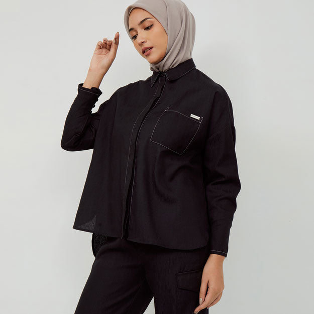 Ikigai Contrast Stitching Shirt Black