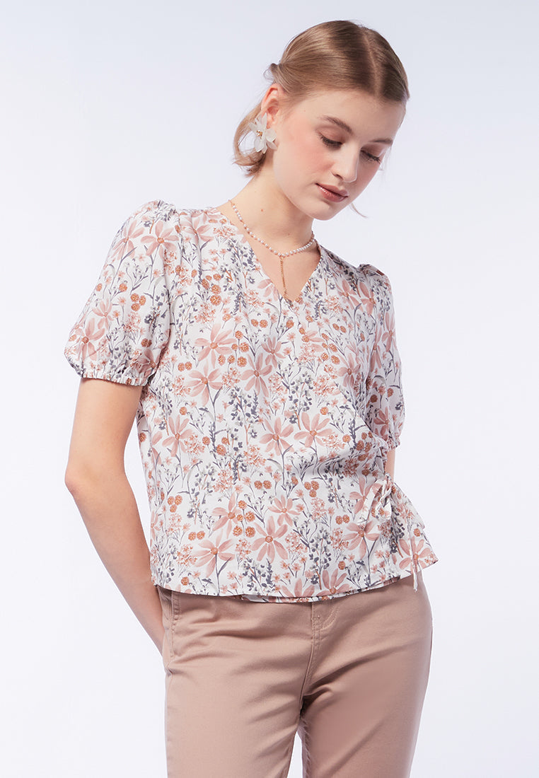 Printed V-Neck Puff Sleeve Blouse