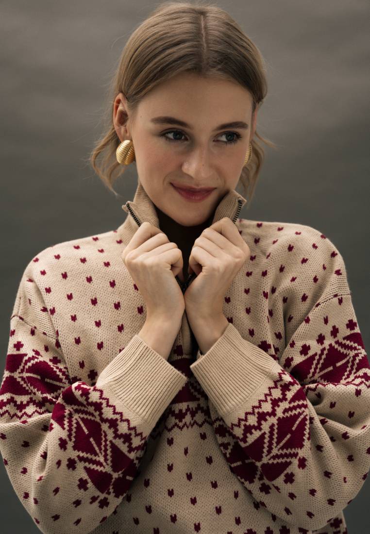 Zip Up Printed Long Sleeve Sweater