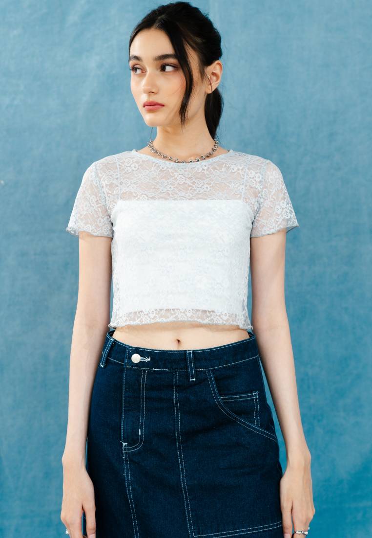 Cropped Lace Short Sleeve Top