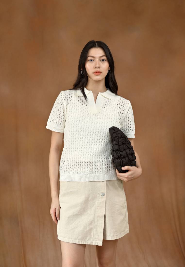 Open Work Knit Polo Top