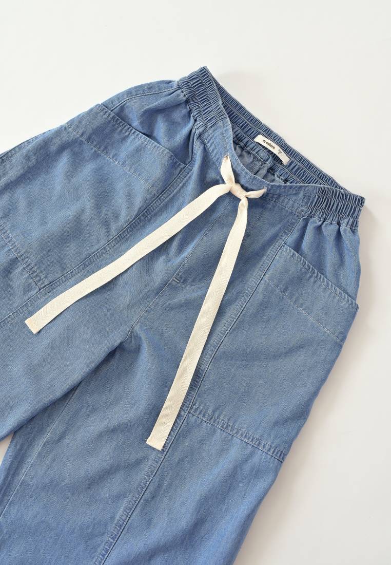 Wide Leg Denim Pants with Drawstring