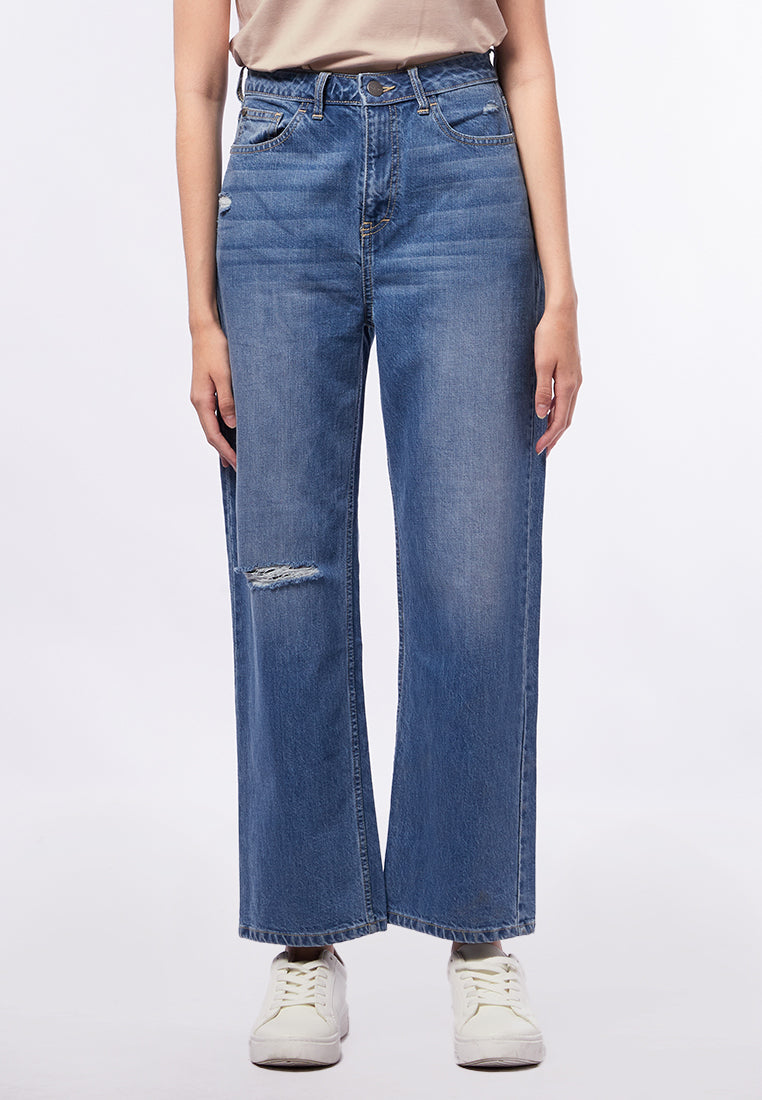 Hi-Waist Straight Denim Med Blue