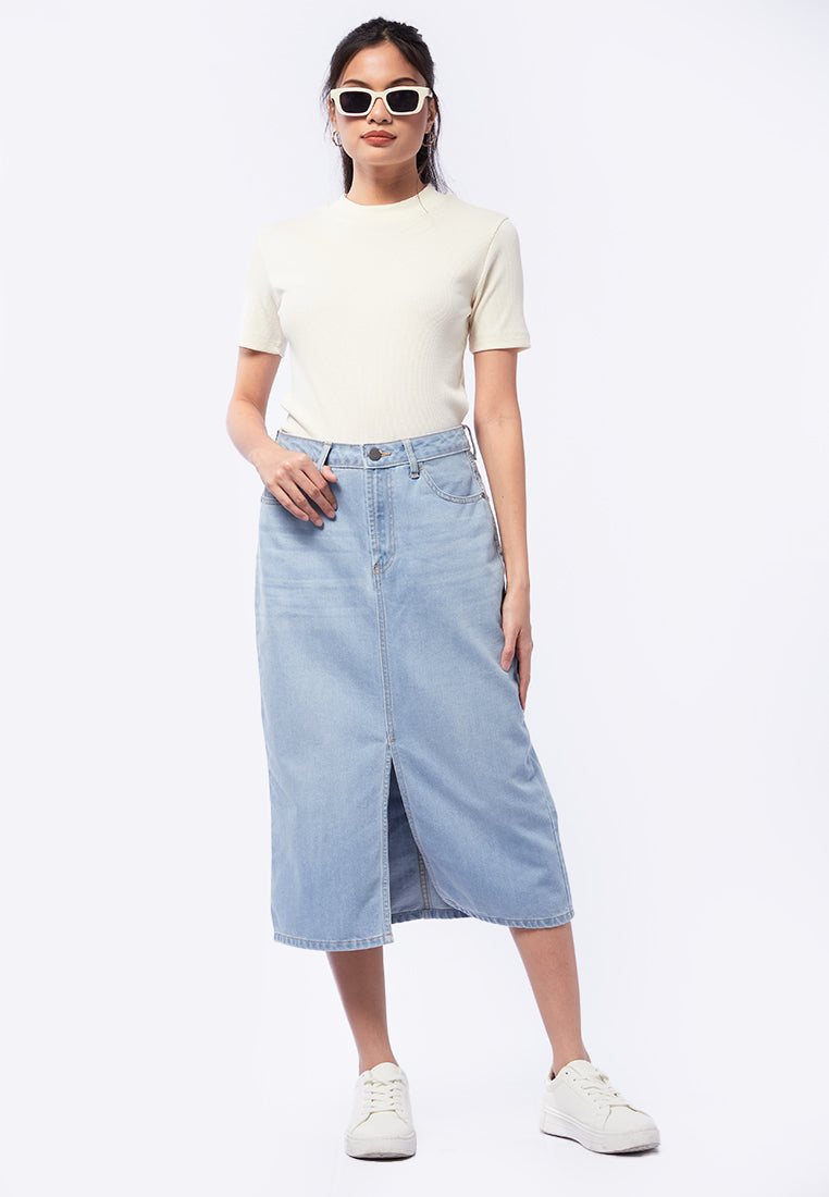 Denim Midi Skirt with Front Slit