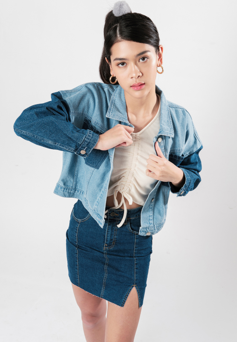 Colorblock Crop Denim Jacket
