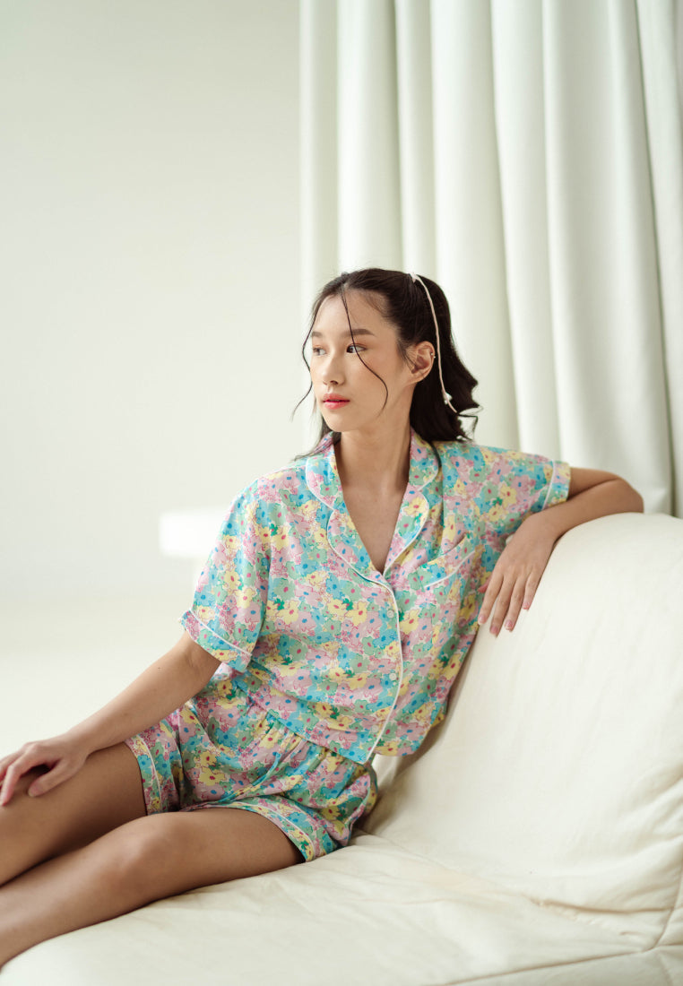 Printed Trim Shirt and Shorts Pajama Set