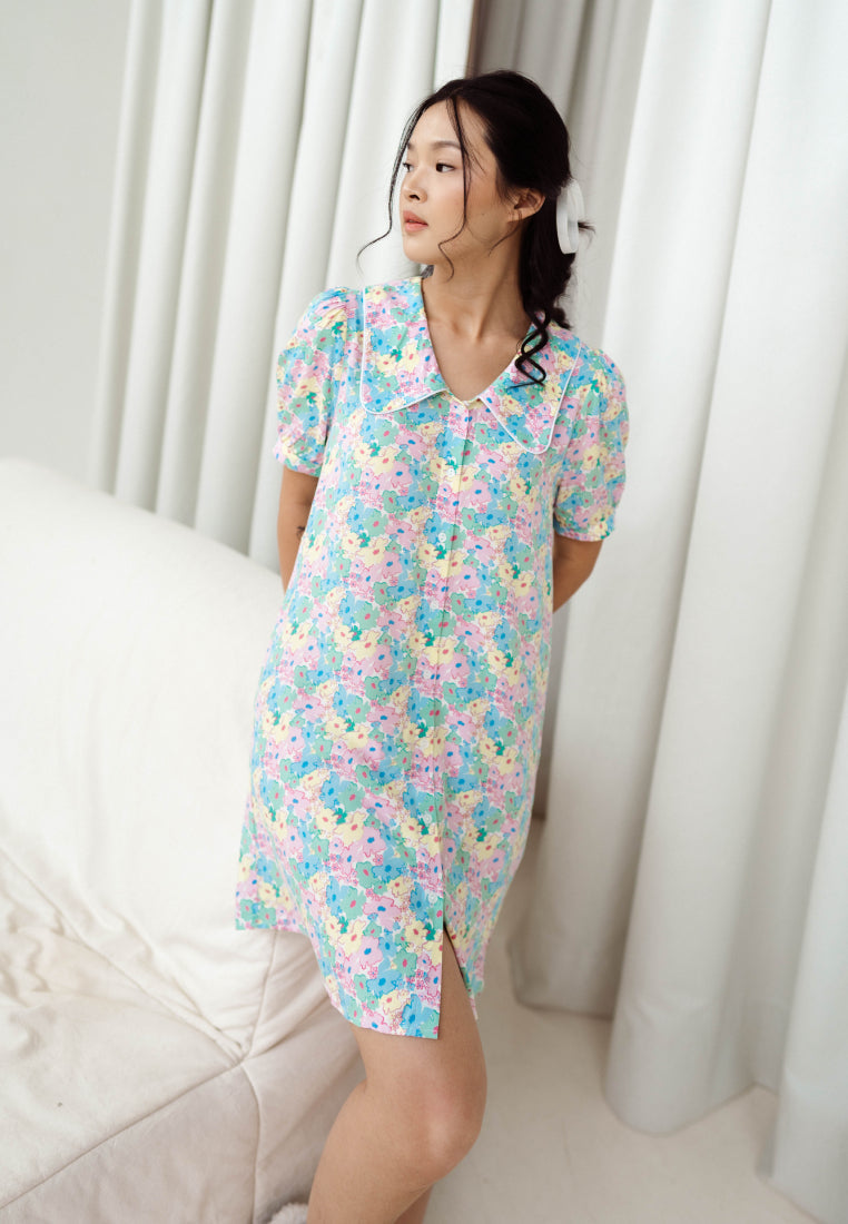 Printed Piped-Trim Mini Lounge Dress