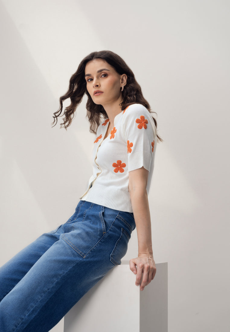 V-Neck Knit Top with Embroidery