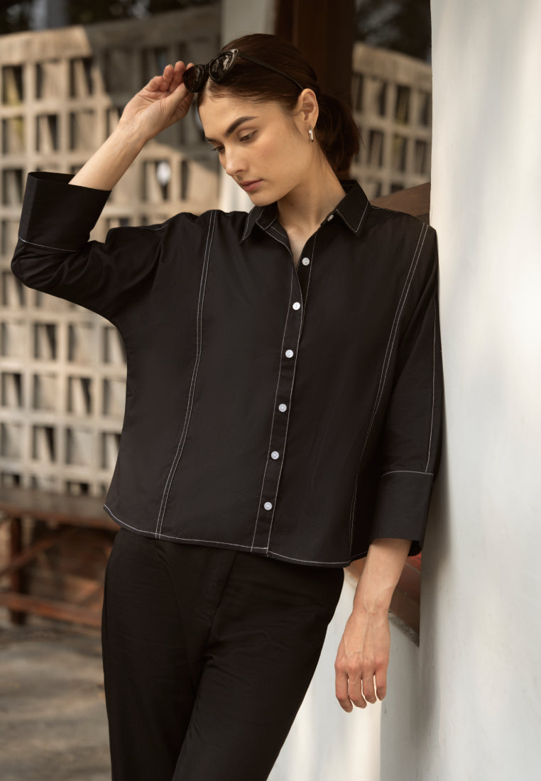 Stitched Long Sleeve Boxy Blouse