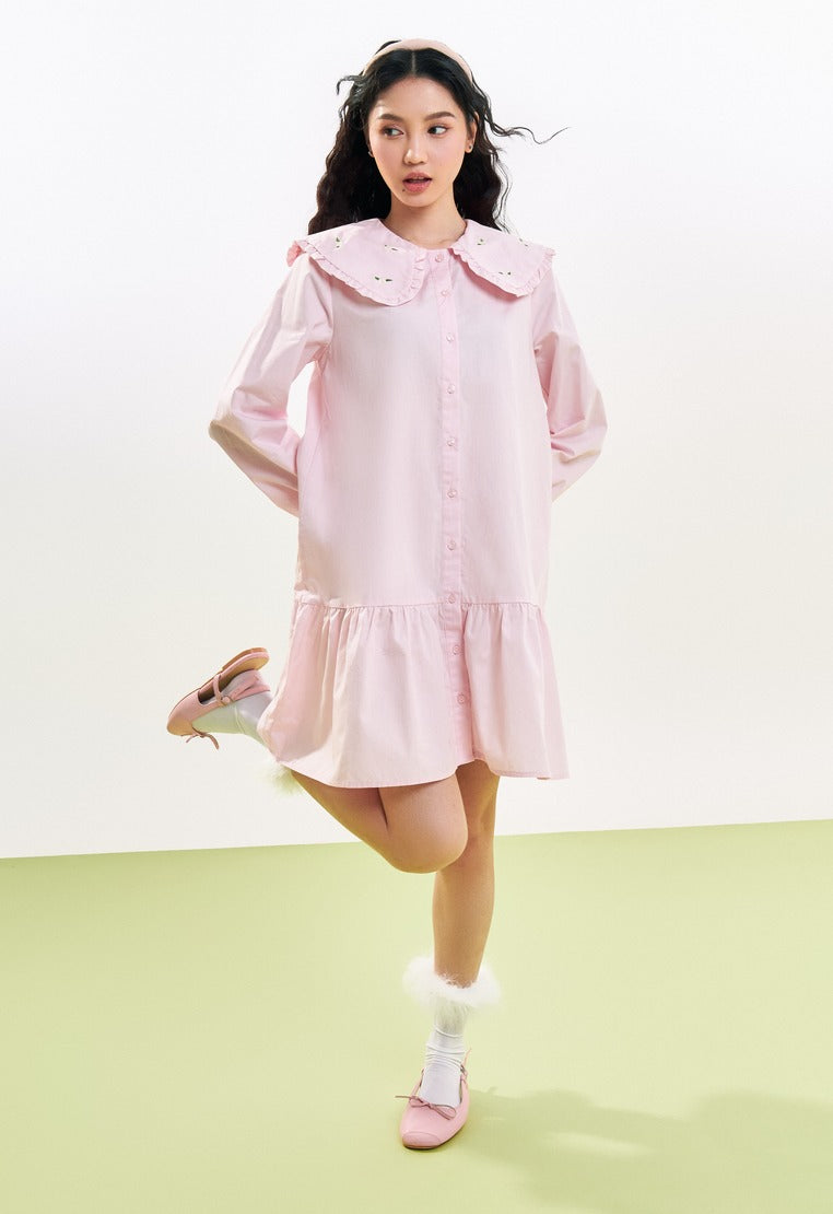 Wide Collar Long Sleeve Mini Dress L.Pink