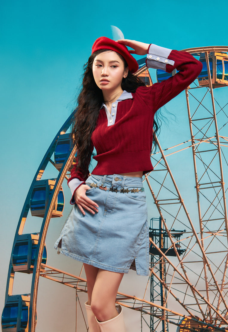 Contrast Color Long Sleeve Polo Top