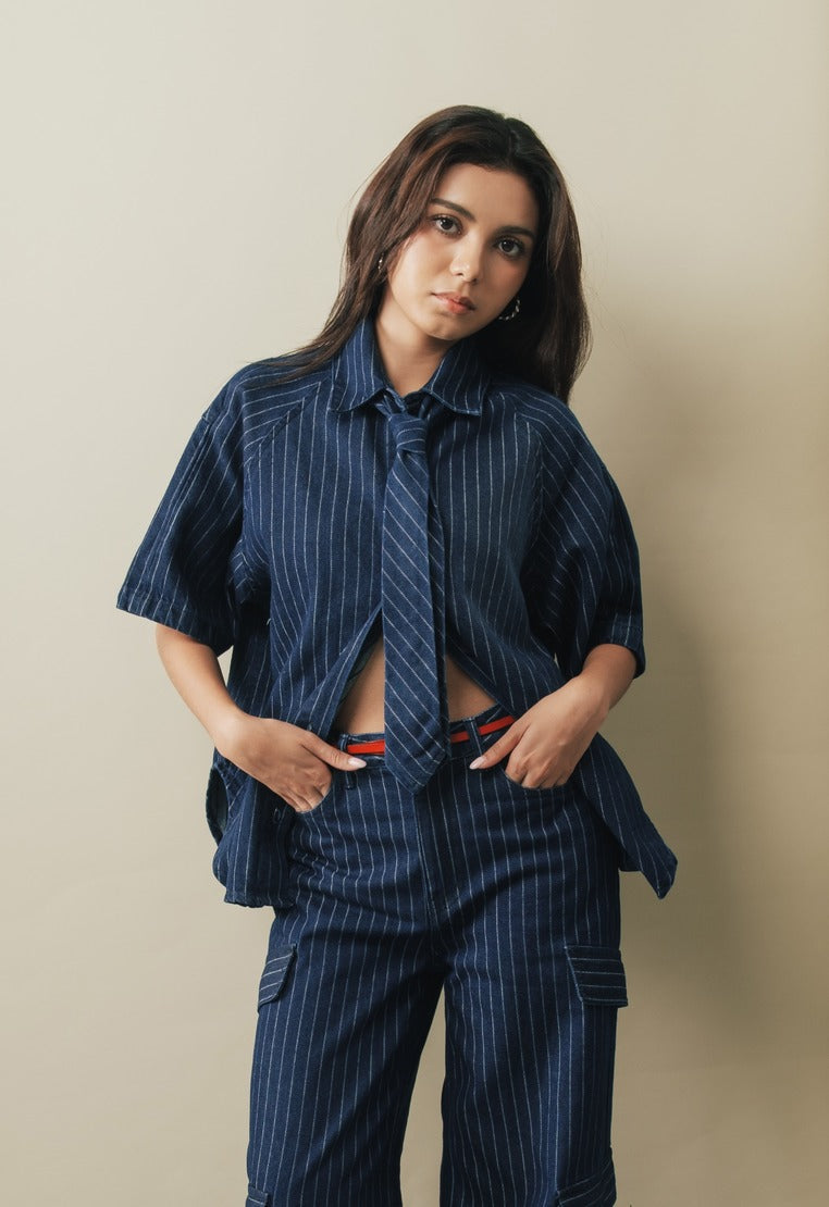 Oversized Denim Shirt with Tie Details