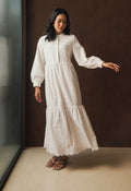 Mandarin Collar Eyelet Tiered Maxi Dress