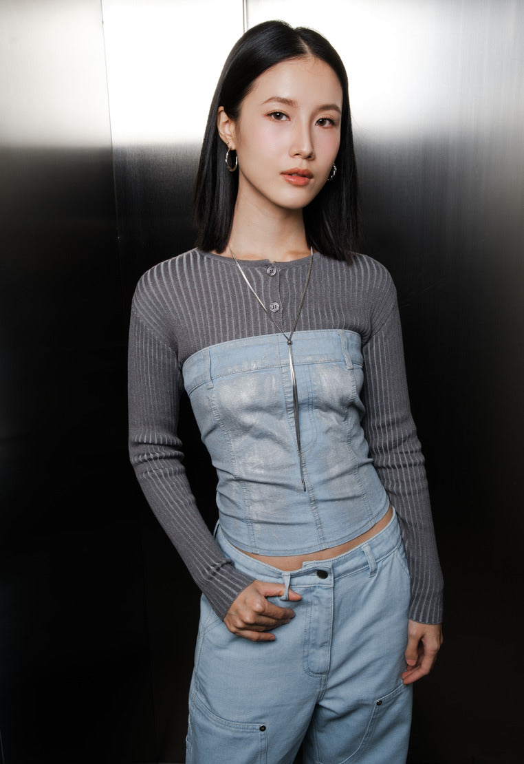 Foil Effect Denim Tube Top